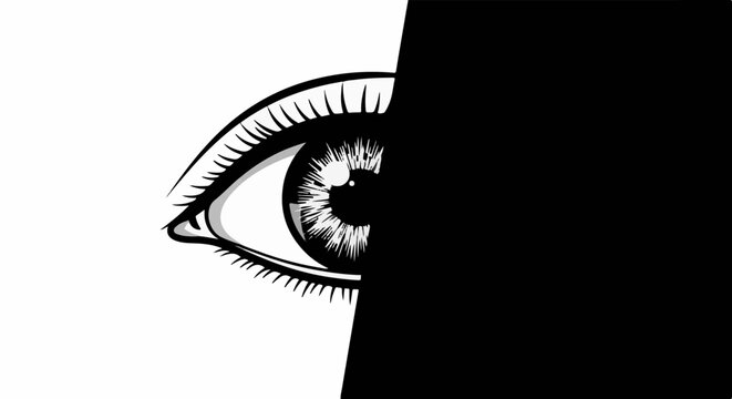 Stylized black and white illustration of an eye partially covered by darkness