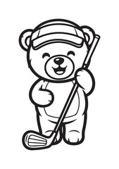 Fototapeta premium Cute kawaii bear playing golf with club in hand adorable cartoon character graphic illustration