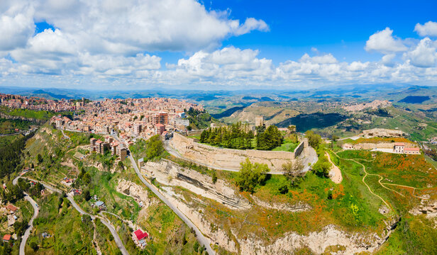 Castello di Lombardia aerial panoramic view, Enna
