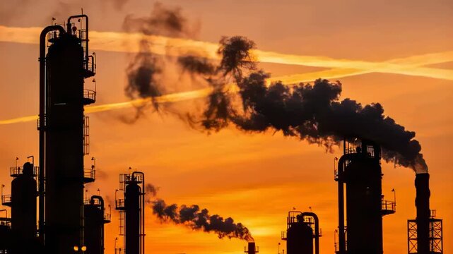 Emitting distillation towers and stacks releasing smoke from exhaust, wind carrying plumes at plant