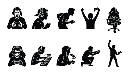 Gamer silhouette icons set, professional esports players with headsets and controllers, 10 black vector gaming avatars for streaming and web design © Salman