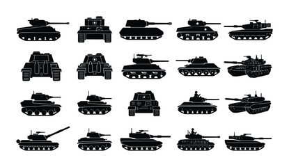 Military tank silhouette collection, set of 20 armored vehicle icons, black war machine vector graphics, heavy artillery and combat tank illustrations © MdZahirul