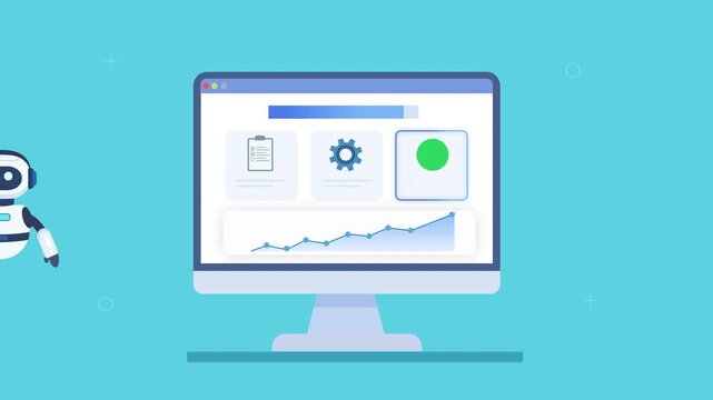 Animated video of a robot assistant beside a computer dashboard showing document processing, file management, and analytics, representing AI automation, digital records, and workflow organization.