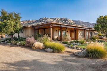 Fototapeta premium Spacious Desert Ranch House with Mountain Views and Lush Landscaping.