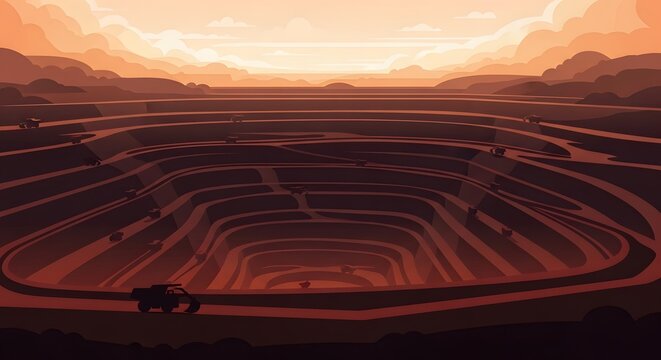 Minimalist vector illustration of open pit mine at sunset
