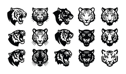 Tiger head mascot logo set, 15 black and white tiger face vector icons, aggressive wild cat sports team emblems, roaring jungle predator illustrations © Salman