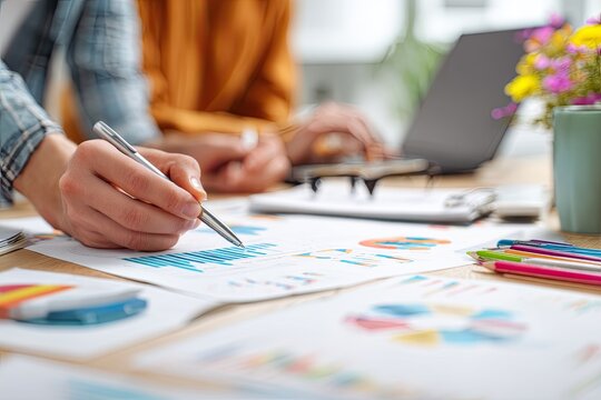 A person is working on a wooden desk, analyzing charts and graphs with a pen while a laptop and colorful pens are scattered around.