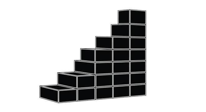 Minimalist black staircase vector illustration, geometric 3d block stairs for business growth concepts, modern architectural step structure, rising progress bar made of stacked cubes isolated