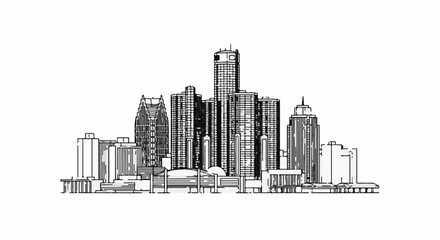 Obraz premium Stylized black and white line drawing of a city skyline with various high-rise buildings