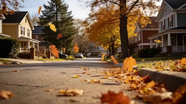 Drifting cluster of maple leaves moving across low pavement on residential street, driven by breeze