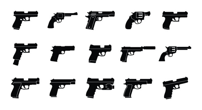 Black handgun silhouette icons set, collection of 15 pistol and revolver vector illustrations, modern firearm and weapon graphic elements for security