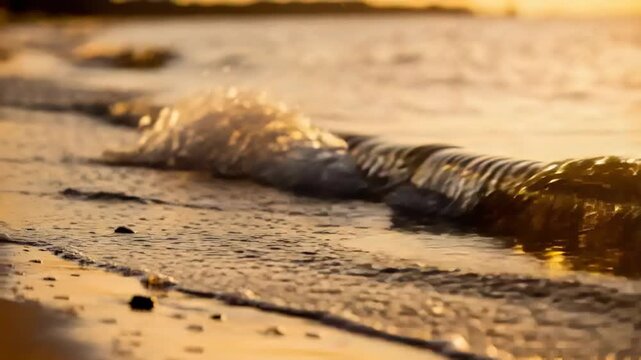 Tracking sandy shoreline, swell pushing small waves approaching and breaking on wet sand, pebbles