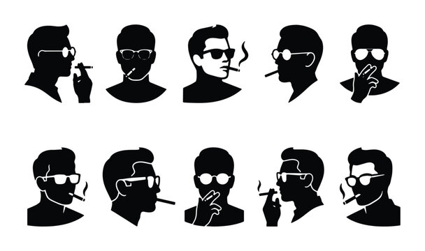 Retro man smoking cigarette silhouette set, 10 male avatar icons with sunglasses, vintage gentleman head profile vector collection