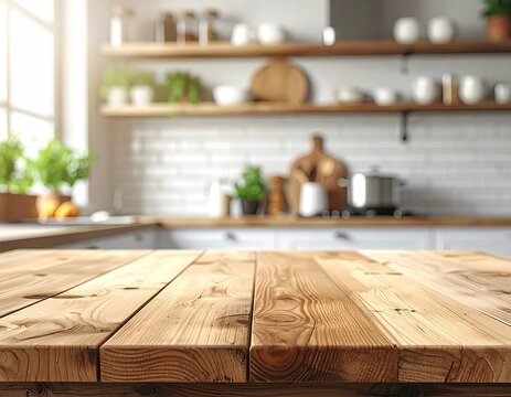 Wooden table foreground, bright kitchen background (1)