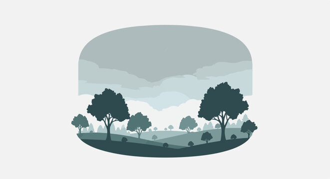 Silhouette landscape with trees and rolling hills under a cloudy sky
