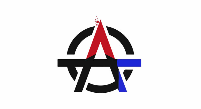 Stylized anarchism symbol with red 'A', black circle, and blue accents