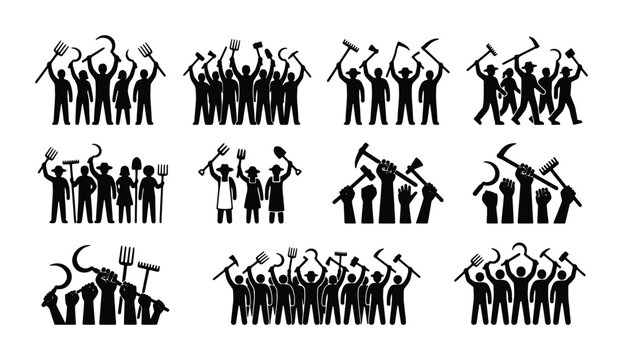 Protesting farmers silhouette set, angry mob of peasants with pitchforks and scythes, agricultural workers uprising vector icons