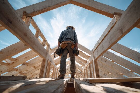 A construction worker stands atop a newly framed roof, gazing upwards at the bright blue sky framed by the wooden structure, symbolizing progress and craftsmanship.