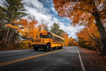 Obraz premium A vibrant yellow school bus speeds along a winding road lined with trees displaying brilliant autumn foliage under a partly cloudy sky.