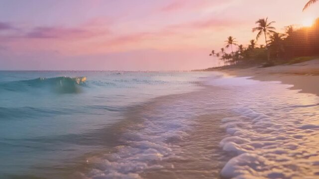 Rolling wave approaching from left, cresting and breaking on tropical shoreline, shaping wet sand