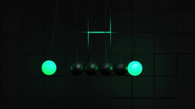 Newtons cradle with glowing green neon spheres demonstrating kinetic energy and physics laws against a dark geometric background in a modern executive office