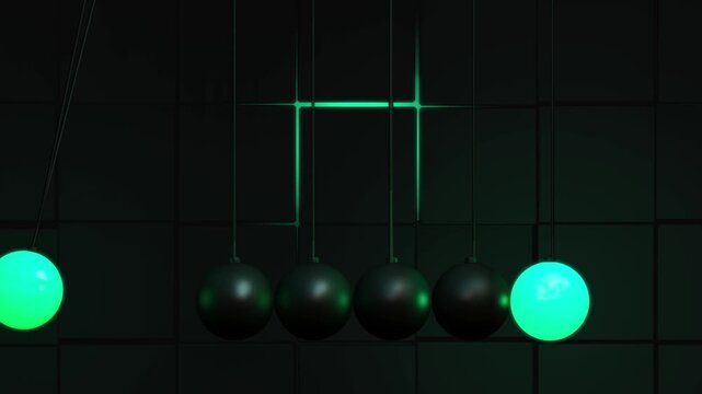 Close up of a glowing green sphere from a Newtons cradle pendulum hitting a row of black balls to illustrate momentum transfer and professional leadership concepts