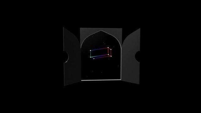 Surreal floating portal showing a glowing rainbow rectangle frame against a dark cosmic background with twinkling stars and a minimalist architectural arch