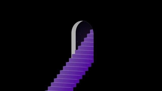 Dramatic low angle view of purple steps rising toward a bright portal arch in a starry black sky symbolizing career advancement and personal achievement