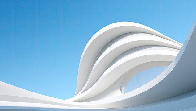 A striking architectural marvel showcases flowing white curves against a vibrant blue sky, exemplifying modern design and innovative construction.