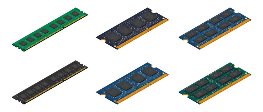 Set of isometric random access memory. RAM memory. Data storage technology. Computer hardware components. Vector illustration