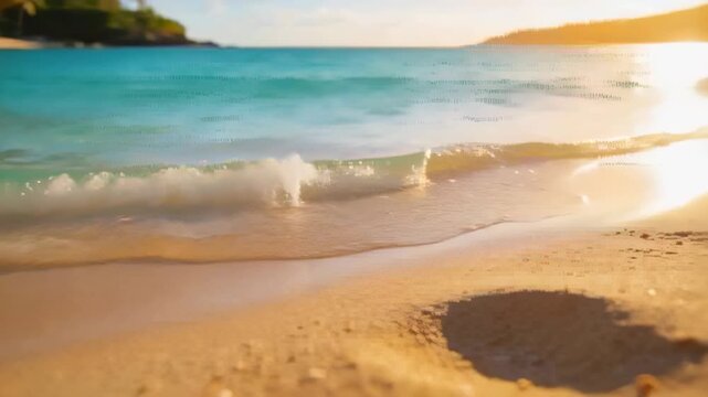 Lapping sandy shoreline with circular shadow as small swell pushing waves to sunlit cove, blue foam
