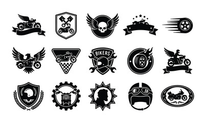 Vintage motorcycle club emblems and biker badges, 15 black vector icons with skulls and wings, retro garage and custom shop logo collection © Saimon