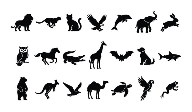 Black animal silhouettes collection, 21 wildlife and pet vector icons, minimalist zoo and nature creature set for logo design and infographics