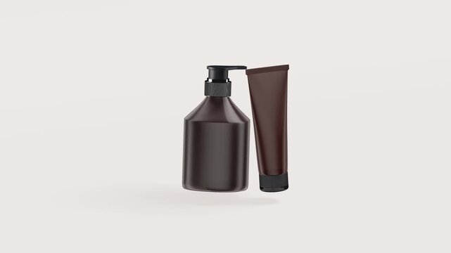 Cosmetic pump bottle and cream tube in dark brown packaging floating in a minimalist studio setting for high-end luxury skincare and beauty branding