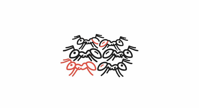 Stylized ants, some in red, gather in a circular formation on white