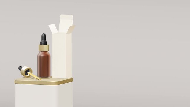 Serum dropper bottle and product box displayed on a platform with significant horizontal copyspace for skincare branding and medical cosmetic advertisements
