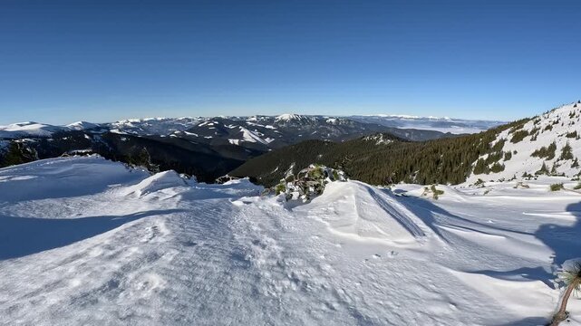 Smooth Panning Shot of Winter Alpine Mountains and Forest under Blue Sky