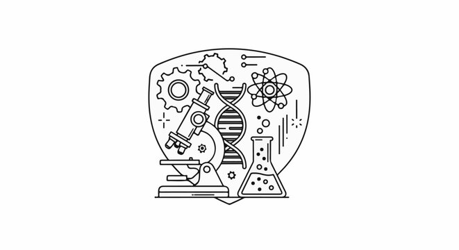Science symbols microscope, DNA, atom, flask, gears, circuits