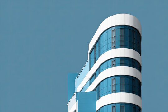 A modern, curved blue and white building rises against a solid blue sky, showcasing a unique architectural design.