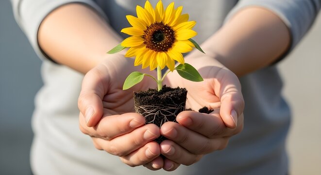 Close-up of hands holding sunflower seedlings with roots and soil on gray background