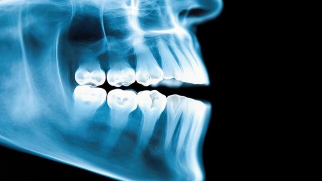 X-ray image of human skull and teeth profile in blue light on black background
