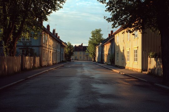 A tranquil, sun-drenched street in a historic European town showcases charming wooden houses and lush greenery, creating a peaceful and nostalgic atmosphere.