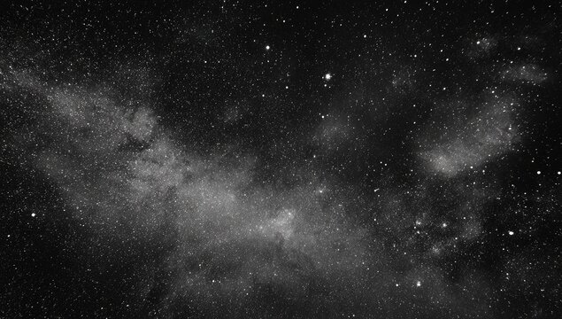 A stunning black and white photograph captures the vastness of the night sky, showcasing a dense field of stars and ethereal nebulae.