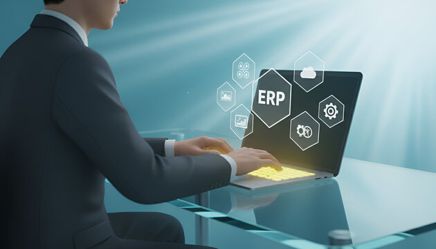 Businessman using ERP software on laptop in modern office