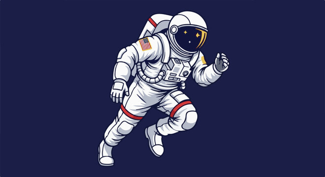 Stylized astronaut in white suit with American flag patch running