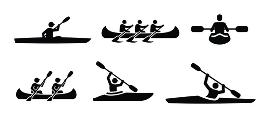 Kayaking and canoeing icons set, black silhouette rowing and paddling vector elements, water sports competition and outdoor recreation symbols © Nazia