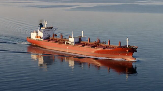 Vertical video: Drone filming ship moving right, leaving wake, reflecting hull, transporting cargo