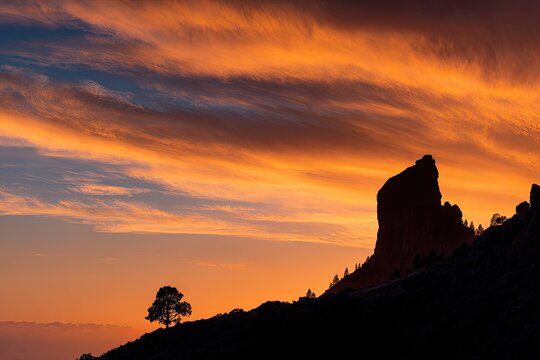 A stunning sunset illuminates a rocky mountain landscape, highlighting a distinctive rock formation and a solitary tree against a vibrant, fiery sky.