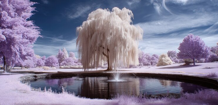 Surreal Landscape with White Weeping Willow Tree and Purple Foliage by a Reflecting Pond.