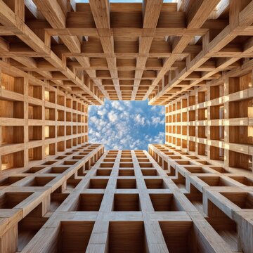 A striking upward perspective showcases a complex, repeating wooden structure framing a vibrant blue sky with fluffy clouds, creating a mesmerizing architectural pattern.